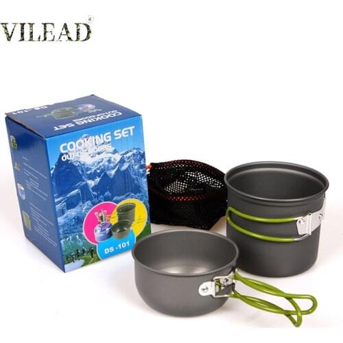 VILEAD 2Pcs/Set Portable Outdoor Tableware Camping Hiking Travel Utensils Picnic Cookware Bowl Pot Pan Set for 1-2 People
