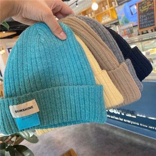 Woolen Hat Couple Winter Knitted Hat Male/female Blue Fashion Letter Patch Warm Cap for Women