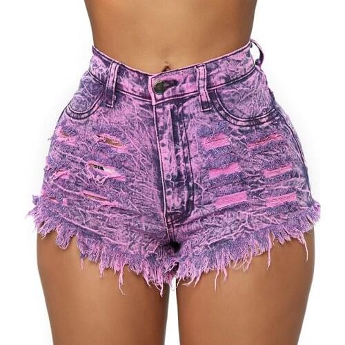 Sexy Tassel Ripped Denim Shorts Woman Summer Fashion Push Up High Waist Purple Shorts Women Casual Skinny Distressed Short Jeans