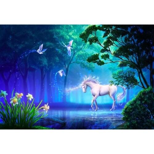 Blue Magic Forest Photography Background Elegant Unicorn Birds Lake Backdrop For Kids Birthday Party Babby Shower Photo Booth