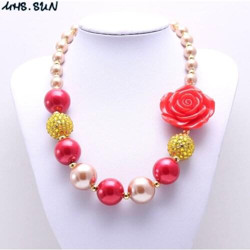 MHS.SUN 1PC/Lot Red Rose Flower Baby Kid Chunky Necklace New Christmas Girl Kids Bubblegum Chunky Bead Necklace Children Jewelry