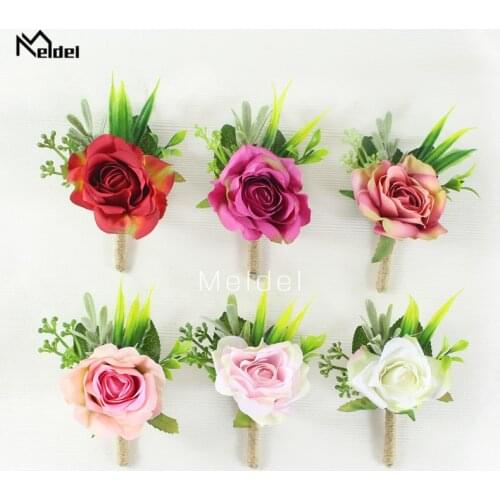 Meldel Wedding Boutonniere Men Brooch Pins Girl Bracelet Bride Wrist Corsage Artificial Flower White Silk Rose Groom Boutonniere