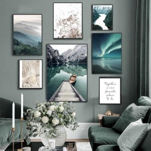 Light luxury Nordic green mountains and green water marble emerald boat Aurora reed fresh living room decoration mural
