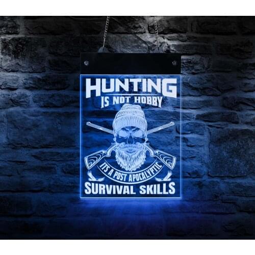 Hunting Is Not Hobby LED Lighting Sign Hunter & Gun Survival Skills Rectangle Acrylic Neon Board Colors Changing Wall Art Decor