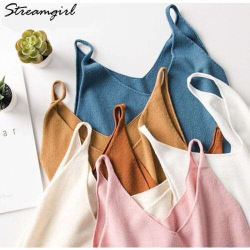 Knit Cami Top Tank Tops For Women Summer Halter Sleeveless Knitted V Neck Top Sexy Camisole Crop Tops Female Outwear Women 2019