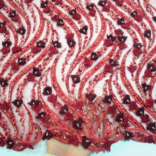 2021 NEW Stock Heavy Handmade Beaded Lace 3D Flower Lace Fabric with Pearls HY1048-6