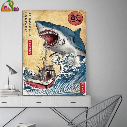 Wall Art 5d Diy Diamond Painting Cross Stitch Hunting The Shark In Japan Painting Picture Sticker Embroidery Full Square Drill