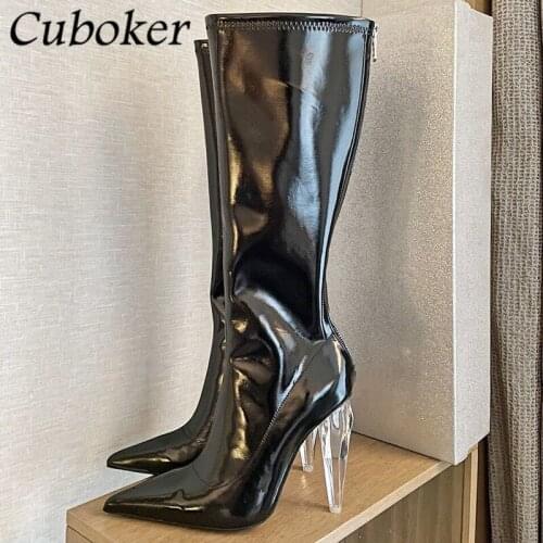 2021 Designer Women Long Boots Clear Strange High Heels Genuine Leather Female Modern Boots Autumn Winter Runway Women Long Boot