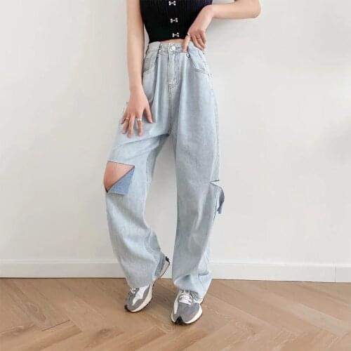 2021 women harajuku straight Ripped Jeans Washed full length high waist denim pants pocket blue fashion boyfriend Hole Trousers