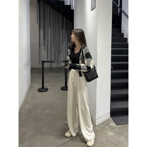 LMQ NEW Women Simple geometric Houndstooth knitted sweater cardigan V-neck plaid casual retro elegant Single Breasted Loose coat