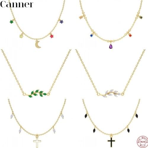 CANNER Luxury Rainbow Zircon Necklace For Women Real 925 Sterling Silver Cross Pendant Necklace Clavicle Chain Necklaces Jewelry