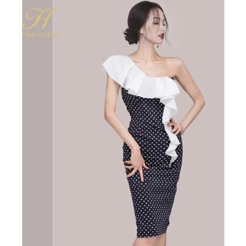 H Han Queen Elegant Contrast Stitching Dot Sexy Pencil Dress Women One Shoulder Sheath Party Dresses Korean Slim Bodycon Vestido