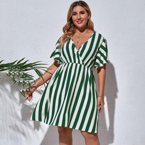 2021 New HY85061227 Striped Design Short Sleeve V Neck 3xl 4xl Big Size Woman Dress Plus Size Elegant Dresses For Female