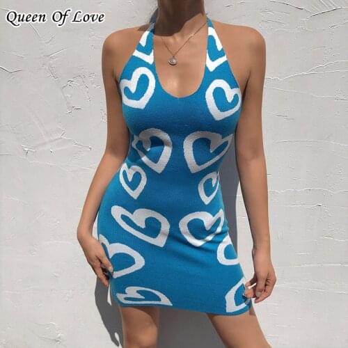 2021 Summer Y2K Print Knit Backless Bodycon Dress Women Hollow Out Sexy Sleeveless Halter Female Party Mini Dresses Outfits