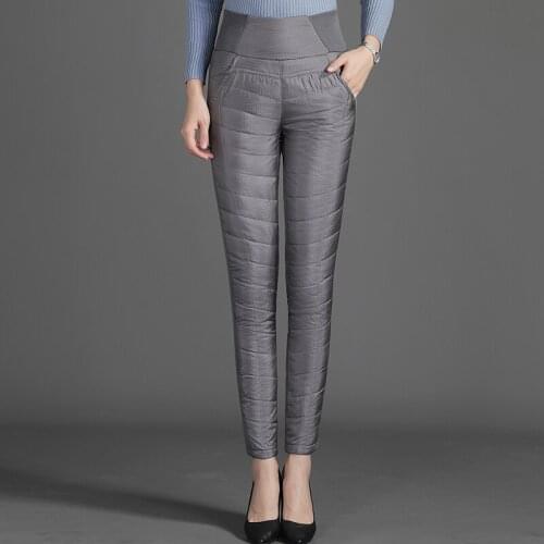 Winter Pants Women Duck Down Velvet High Elastic Waist Skinny Warm Windproof Pants Female Elastic Waist Trousers Women