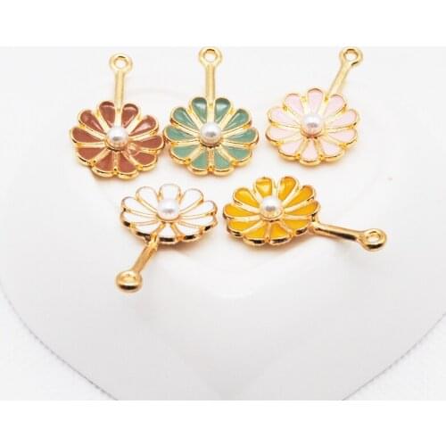 20pcs/lot New Arrival Sunflowers Enamel Charm With Imitation Pearl 16*26mm Earring Bracelet Hair Jewelry Accessories