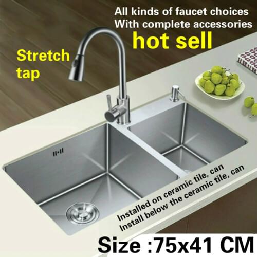 Free shipping hand made of 304 stainless steel kitchen sink stretch tap thickening double groove hot sell 750x410 MM