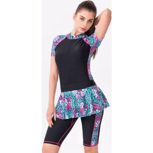 Brand Women Sport Set Zipper One Pieces Swimwear with Skirts Surfing Snorkeling Bathing Suit Lady Beach Wear Solid Patchwork