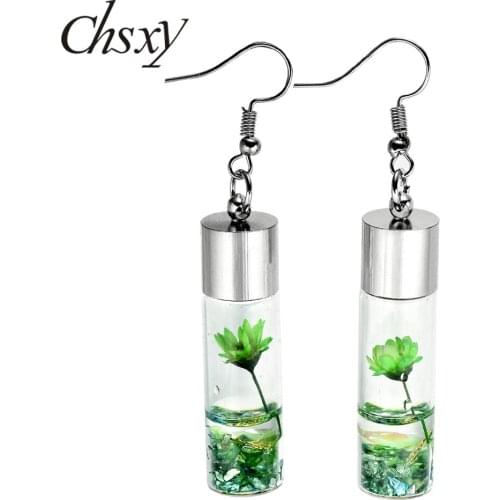 CHSXY Boho Jewelry Real Plant Dried Flower Earrings Multi Colors Transparent Drift Bottle Hanging Statement Earrings Pendientes