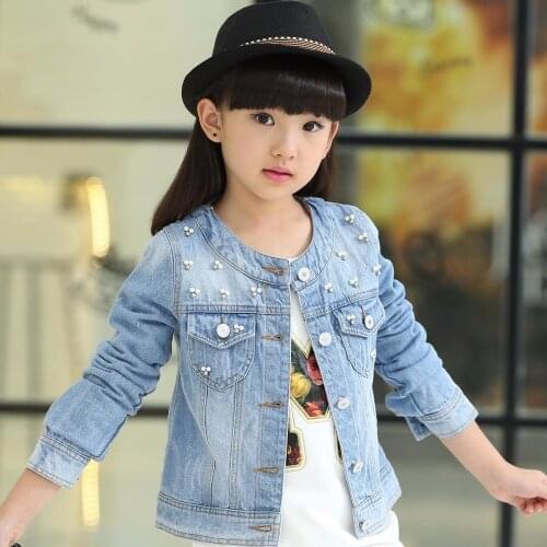 2020 Spring Fall Girls Fashion Casual Denim Jacket Childrens Wear Kids Round Collar Coat With Pearl-Studded Kids Outerwear X1