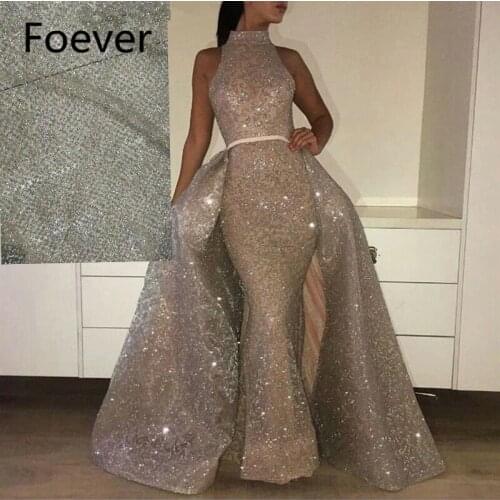 Elegant High Neck Arabci Dubai Shiny Evening Dresses with Overskirt Train Corset Back Abendkleider Prom Gowns 2019