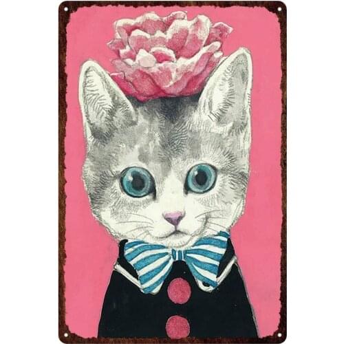 Metal Wall Sign Flower Cat Plate Shabby Chic Family Bedroom Art Wall Decoration Old-fashioned Retro Metal Sign 8X12 Inches