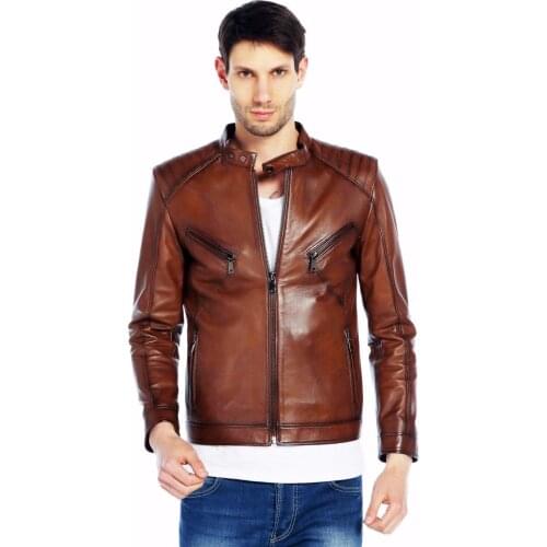Genuine Soft Lambskin Leather Jacket Handmade Man Brown Jacket Biker Motorcycle Style Jacket Bomber Real Fur Coat Custom Product