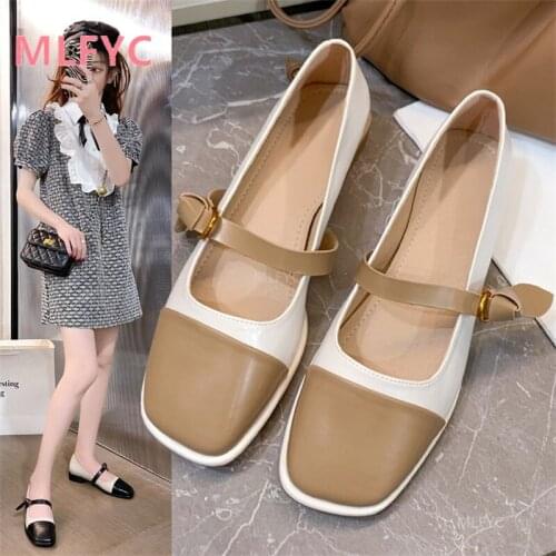 2021 autumn new retro one-line buckle Mary Jane single shoes womens square head low heel color matching pumps