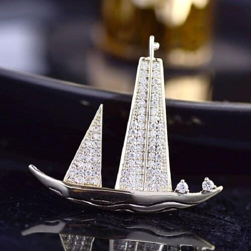 New Fashion Boat Shape Brooches for Women Men Simple Suit Coat Brooch Pin Clear Zircon Crystal Broche 2021 Corsage Festival Gift