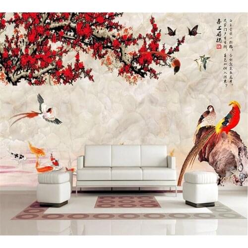 Beibehang Customized papel de parede wallpaper rich flowers plum blossom nine fish graphic hand-painted TV background wall
