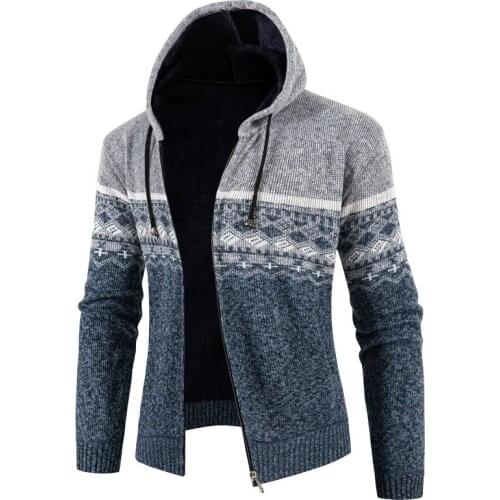 2021 Autumn Korean Hooded Mens Sweaters with Thick and Velvet Mens Cardigan Knitted Sweatercoats Patchwork Jacket Male M-3XL