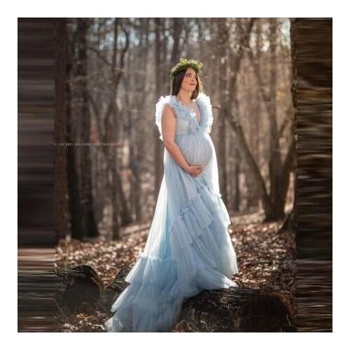 Sexy Long Light Sky Blue Tulle Pregnancy Gowns V Neck Sleeveless Ruffles With Train Puffy Bridal Maternity Photo Shoot Dress