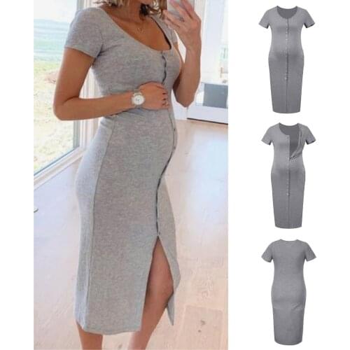 Ladies Maternity Dresses Slim Short Sleeve Thread Cardigan Pregnancy Dress O-neck Buttons Gray Pregnant Dress Robe Femme