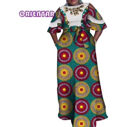 2020 African Dresses for Women African Printed White Lace Butterfly Sleeve Lady Elegant Maxi Long Dress with Waistband WY4283