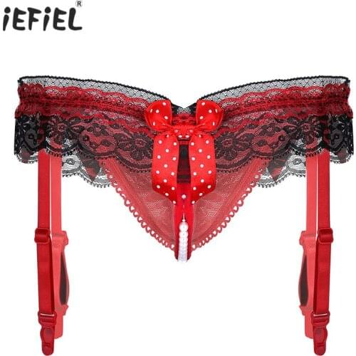 Sex Women Sexy Lingerie Crotchless Panties Sissy Briefs Pearl Chain Ruffle Lace Bowknot Low Rise G-string Underwear with Garters
