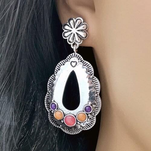 Gypsy Big Water Drop Dangle Earrings Tribal Jewelry Antique Hollow Flower Metal Colorful Beads Stone Earrings for Women