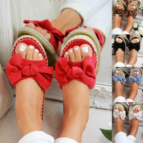 Size 43 Slippers Women Slides Summer Bow Summer Suede Sandals Slipper Indoor Outdoor Linen Flip-flops Beach Female Floral Shoes