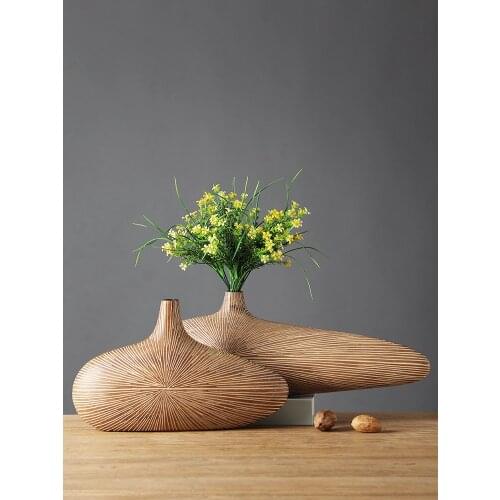 Modern Line Stripe Resin Vase Flower Arrangement Dried Flower Imitation Wood Vase Bookcase Desktop Decoration Crafts Furnishings