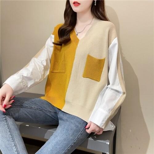 21008 [5] in room 1 row 5 collaosed v-neck stitching color matching shirt pocket turtleneck sweater [1338] 57