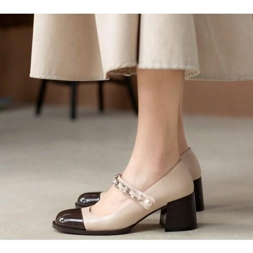 Spring/Summer 2021 Fashion Shoes Women Leather Pumps Chunky Heels Round Toes Ladies Mary Janes Shoes White/Brown Kitten Heels