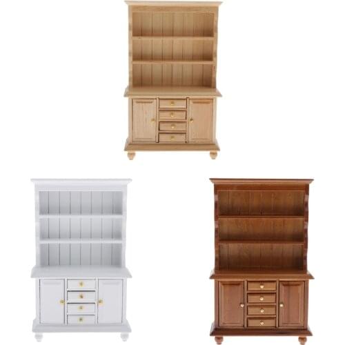 Vintage 1/12 Dollhouse Miniature Furniture, Mini Wooden 3-Layer Bookcase with Drawers, Room Box Decoration, 3 Colors for Choose