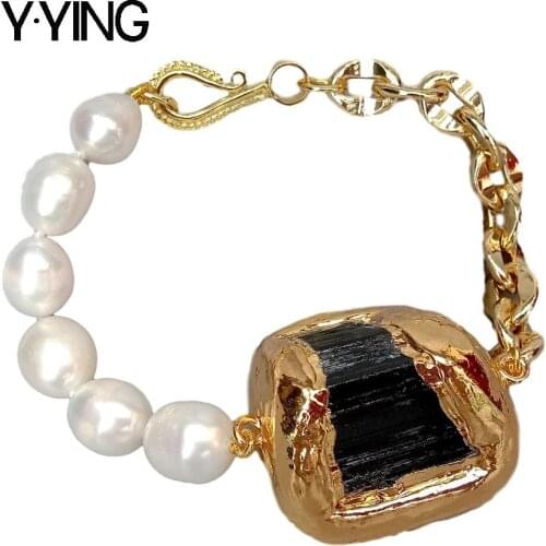 Y·YING natural Cultured White Rice freshwater Pearl Natural Black Tourmaline Rough Raw gold color plated pave Bracelet 8.5"