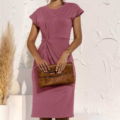 Lady Solid Color Formal Dress Office Pleated Dress Short Sleeve Elegant Dress Casual Vintage Dresses Короткий Рукав Платье 2021