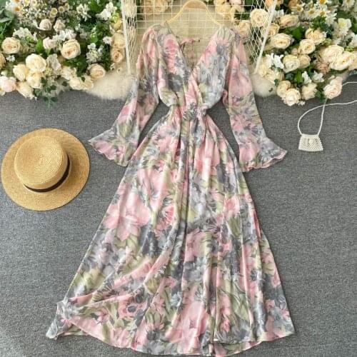 Bohomian Floral Long Dress For Women Sexy V-Neck Flower Printed High Waist Flare Sleeve Vestidos Casual A-Line Autumn Robe 2020
