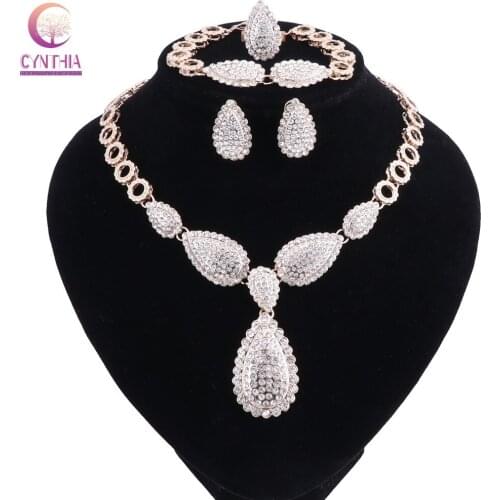 Gold Color Clear Austria Crystals Water Drop Pendant Necklace Earrings Bracelet Ring Jewelry Sets