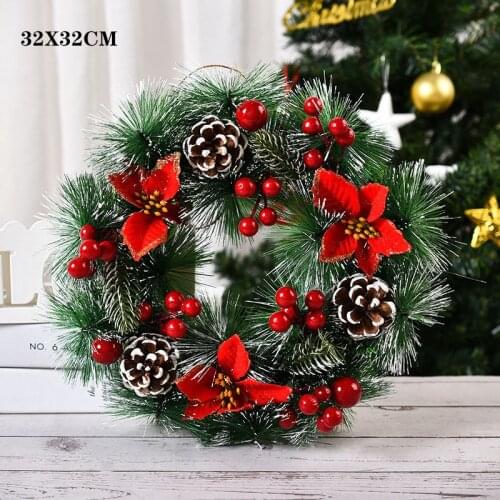 2022 Merry Christmas Wreath for Home Door Natural Rattan Wreath Garland Artificial Pinecone Red Berries Garland Wall Decoration