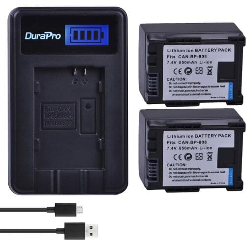 2PC BP-808 BP 808 BP808 Camera Rechargeable Batterie + LCD USB charger for Canon BP 827 809 819 HFS30 HFM41 HFM400 FS300 FS1