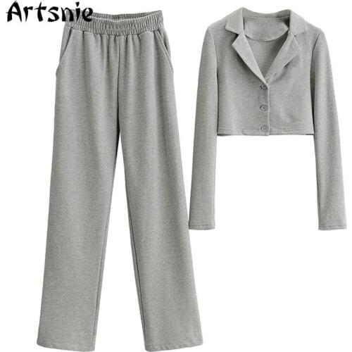 Artsnie Spring 2021 Two Piece Set Women Crop Coats High Waist Straight Pants Tracksuits Outfits Ladies Gray Casual Two Piece Set