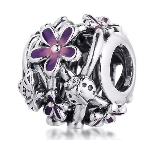 Openwork Purple Daisy Charm DIY Beads For Jewelry Making Sterling Silver Jewelry Charms Fits Original Charms Chain Bracelets