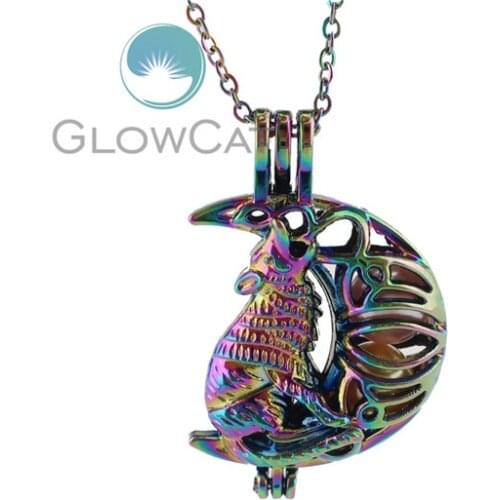 C1165 Rainbow Color Moon Wolf Pearl Cage Necklace Pendant Aroma Essential Oil Diffuser Locket Necklace